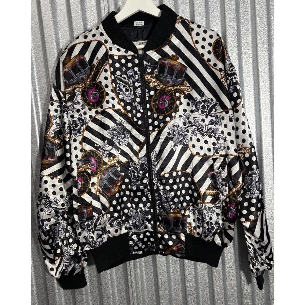 VINTAGE Windbreaker Power Gear Jacket XL Black White Gold Nylon Retro 90s